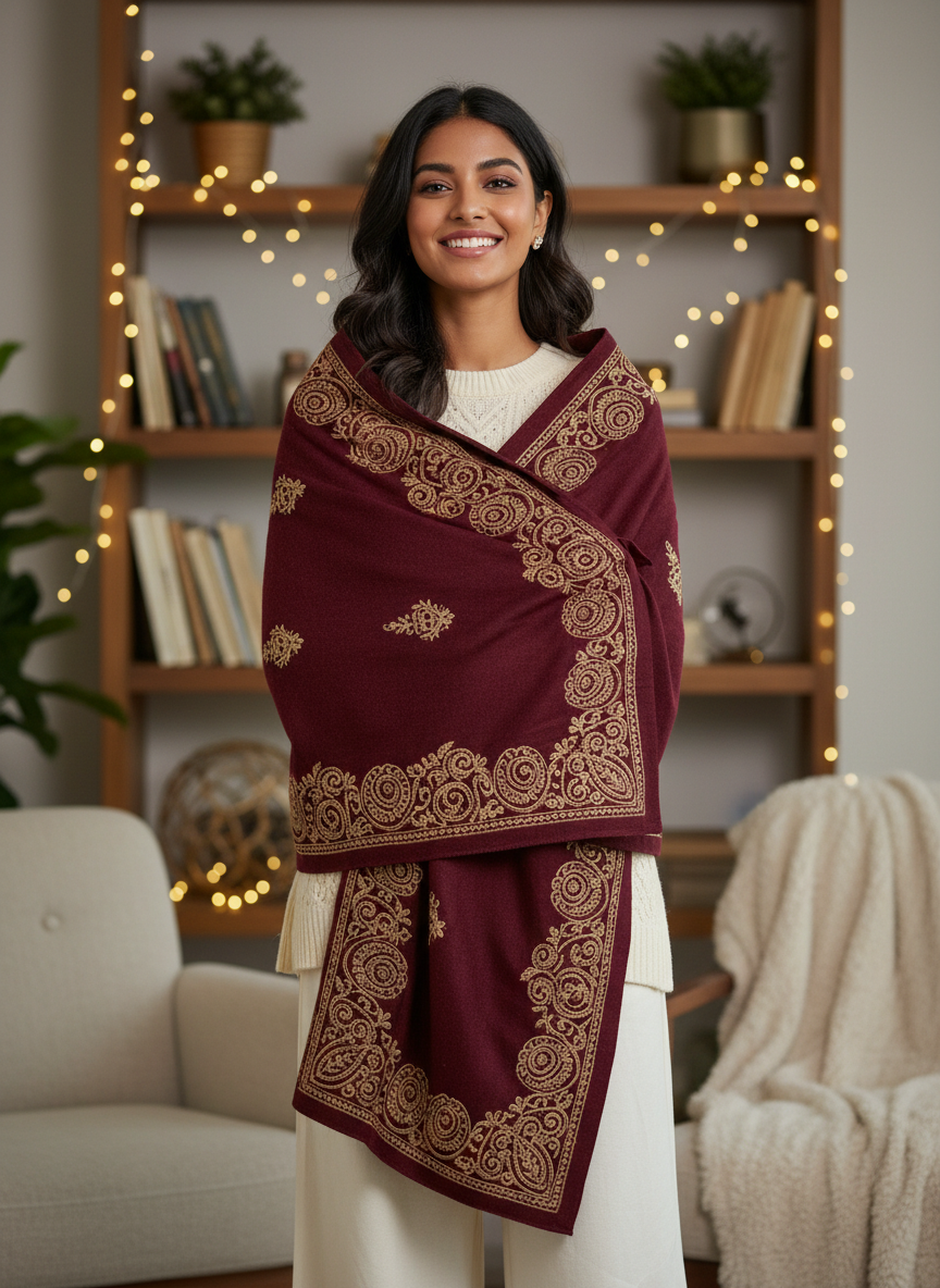 Maroon embroidered winter shawl